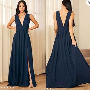 Lulu's Heavenly Hues Maxi Dress V Neck Chiffon Gown Navy Blue Size Small